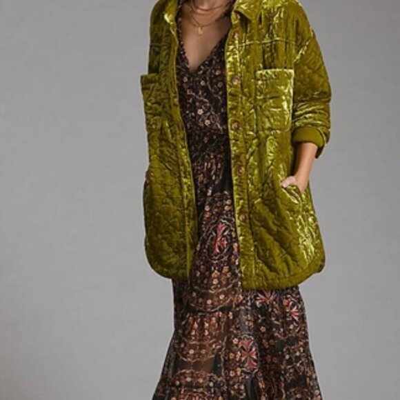 Crushed green velvet Shirt-Jacket ANTHROPOLOGIE Sz Large NWOT  Chartreuse - Picture 6 of 10